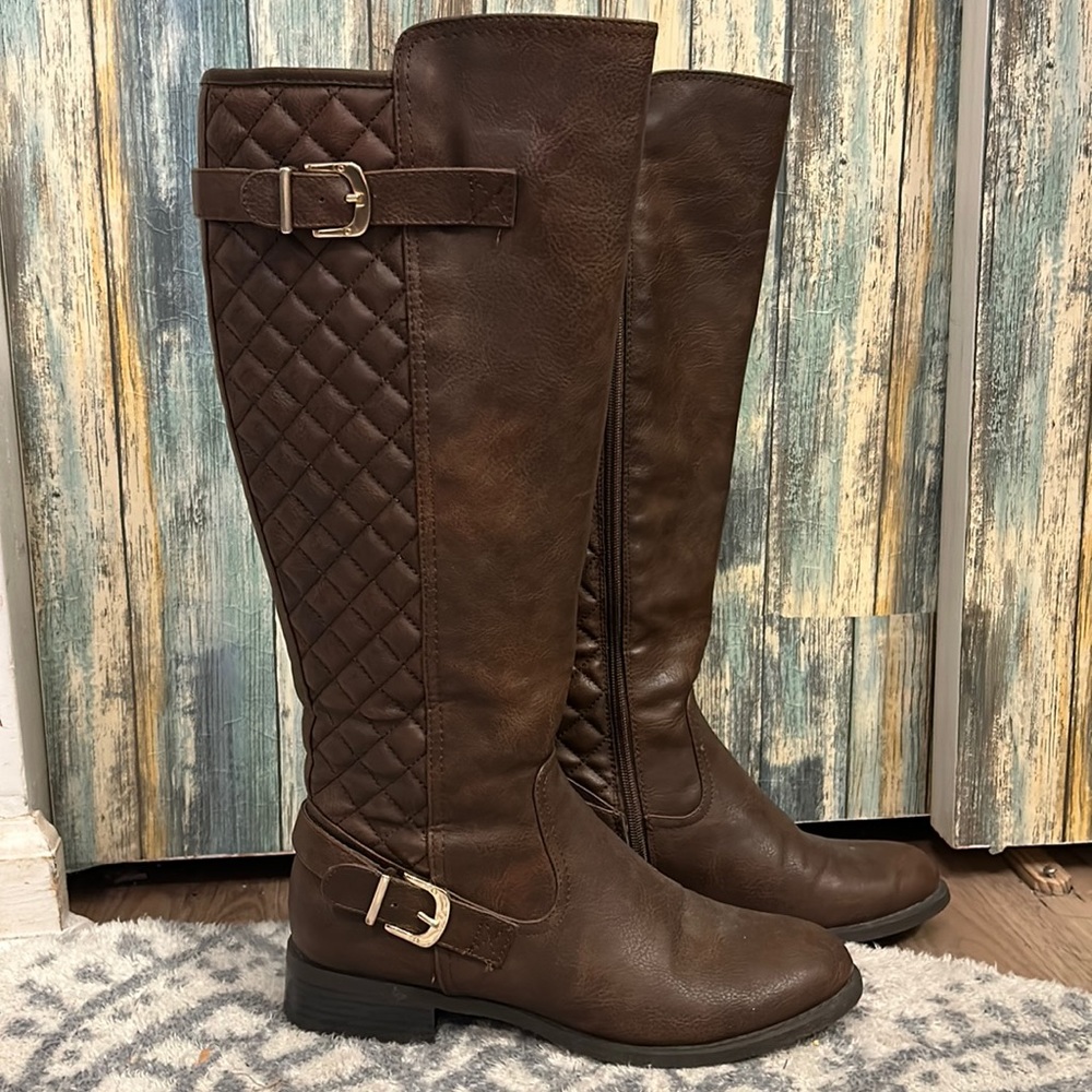 Brown Knee High Quilted Riding Boots with Gold Buckle Accents Women’s size 8